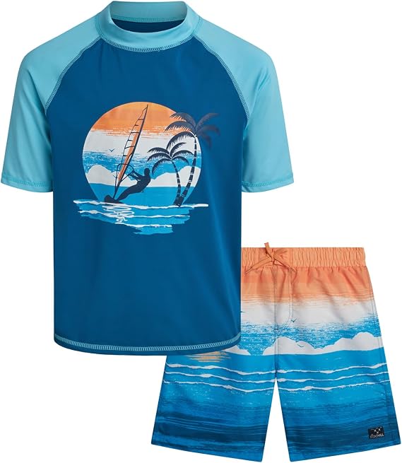 Big Chill Boys 2-Piece UPF 50+ Short Sleeve Rash Guard & Swim Trunks | Quick-Dry Sun Protection Swimwear, Comfortable Beach and Pool Set for Kids on Sunny Vacation and Play Days
