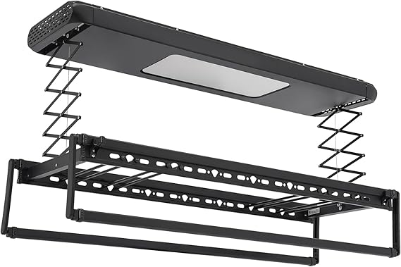 Electrical Retractable Drying Rack, Ceiling Mounted Clothes Drying Rack, 110V Electric Retractable Airing Rack with Remote Control & LED Light for Laundry Balcony (Black)