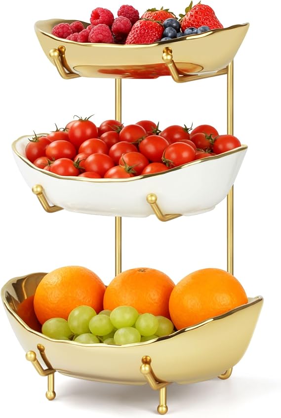 Fruit Bowl for Kitchen Counter, 3 Tier Fruit Basket for Counter, Tiered Holder with Metal Stand, White Gold Ceramic Fruit Bowl, Detachable Rack, for Vegetable, Snack, Dessert Storage (Gold)