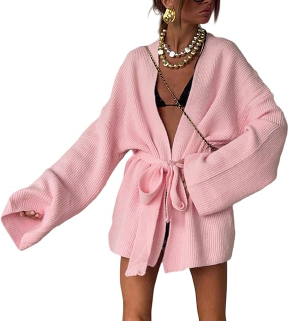 LKOUS Women's V Neck Lace Up Open Front Bell Sleeve Knit Belted Cardigan