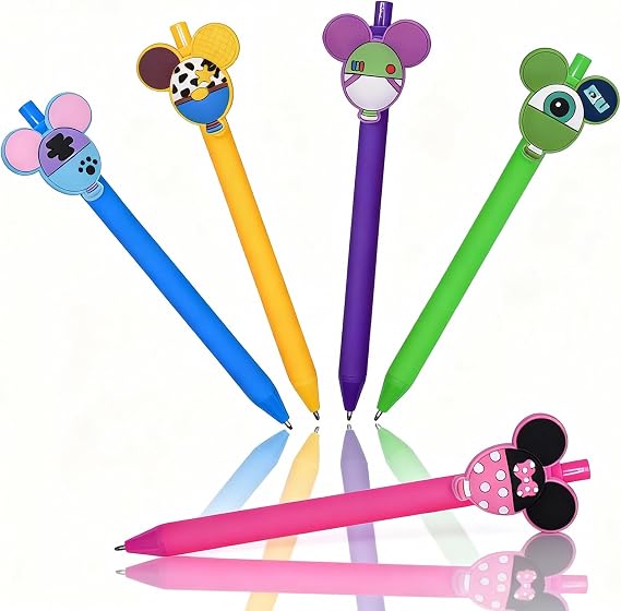 5PCS Cartoon Ballpoint Pens, Cute Mouse Head Character Ears Retractable Ballpoint Pen, 0.5mm Medium Point Multi-Color Jumbo Signature Princess Pen, Office School Supplies for Teachers Students Kids Ad