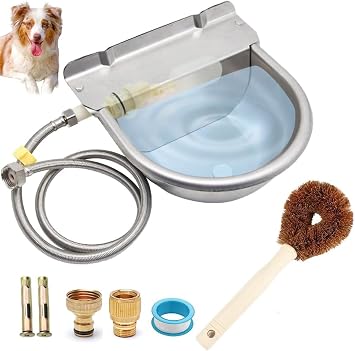 Automatic Animal Drinking Water Bowl with Drain Hole, Float Valve, 304 Stainless Steel Water Bowl for Dog Goat Cowl Chicken Animals, with Hose, Brush, Quick Connector Adapter, Countersunk Bolts