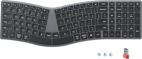 MEETION Wireless Ergonomic Keyboard, Split S-Curve, Bluetooth & 2.4G, Black | Rechargeable full-size keyboard with slim low-profile keys, Bluetooth and 2.4G wireless for Windows, Mac, PC and laptop