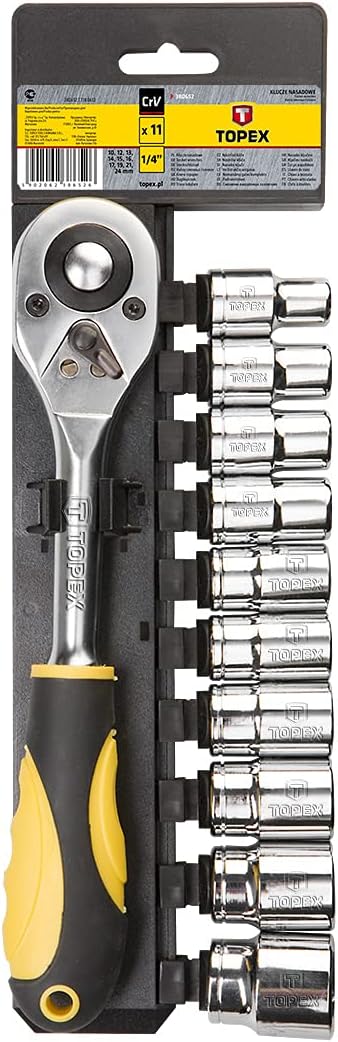 Series Socket 11 Pieces With Plastic Stand. Socket: mm 10 12 13 14 15 16 17 19 21 24 and Ratchet Wrench 1/2 '.