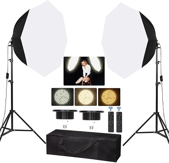 2 Pack Octagonal Softbox Lighting Kit, 27.5" Professional Soft Box Photography Lighting with 85W 3000-6500K Dimmable LED Bulbs, Photo Studio Lights Equipment for Portrait, Video Recording