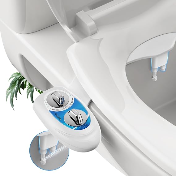 Ultra-Slim Bidet Attachment for Toilet, Retractable Dual Nozzles for Hygienic Posterior & Feminine Wash, Non-Electric with Adjustable Cold Water Pressure, Stainless Steel Inlet (Blue/White)