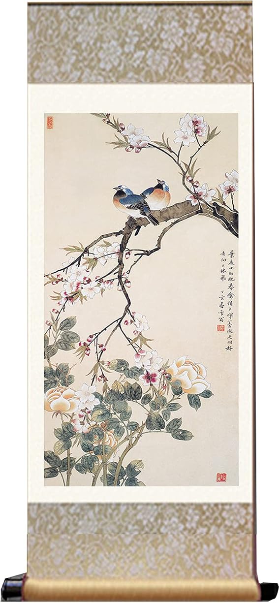 VoOqo chinese scroll hanging painting,scroll painting, Chinese Silk Scroll Painting Wall Decor,Watercolour Flowers Birds Scroll Painting Wall Home Décor for Living Room Bedroom Office,A