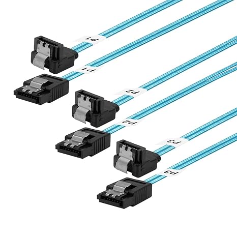 ADCAUDX SATA-III Cable:12 Inch,3 Pack Thin SATA Right-Angle Cable 90-Degree | 6-Gbps Data Slim Short Flexible Angled to Straight with Locking Latch for SDD,HDD,Computer,Blue (0.3M)
