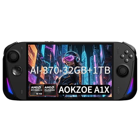 AOKZOE A1 X Gaming Handheld, Ryzen AI 9 HX 370, 8" 1920x1200, 32+1TB, Win11 | AI 9 HX 370 12C/24T, Radeon 890M 16CU, 8" 1920x1200 120Hz VRR, 32/64GB LPDDR5x, 1/2TB SSD, 72.7Wh, 100W GaN, aluminum cooling