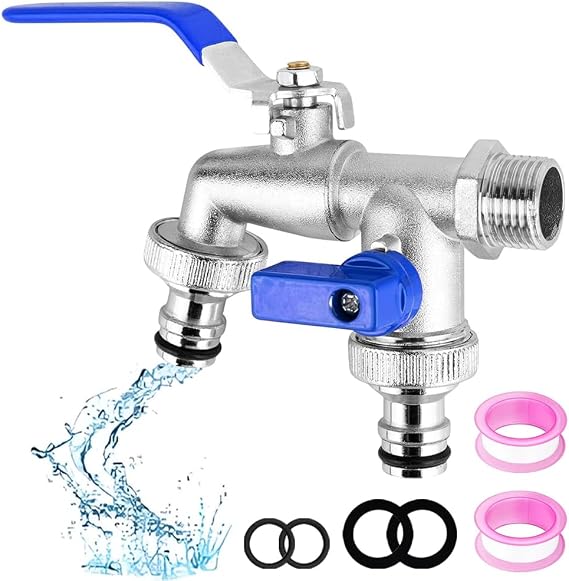 Double Garden Tap, 1/2 Inch Brass Double Water Tap(Blue)