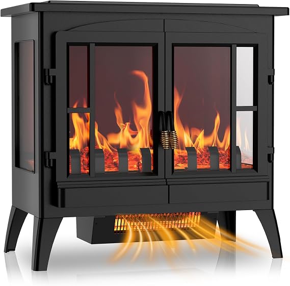 Freestanding Two-Door Electric Stove Fireplace Heater, 2000W & Realistic 3D Flame Effect, 270° Panoramic View, Adjustable Brightness & Heat, Quiet under 40dB, Overheat Protection
