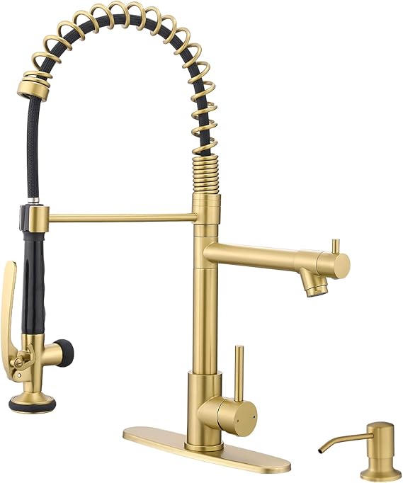 Fapully Commercial Kitchen Sink Faucet with Pull Down Sprayer Brushed Gold | Single Handle Faucets for Kitchen Sink, Kitchen Faucet with Soap Dispenser and Deck Plack for 4 Holes, 1.8GPM Water Flow