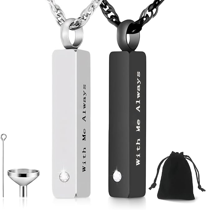 2Pcs Ashes Necklace - Memorial Necklace for Ashes,Silver & Black | Stainless Steel Urn Pendant Cremation Jewellery for Ashes with Funnel & Flannel Bag, Ashes Jewellery for Men, Women