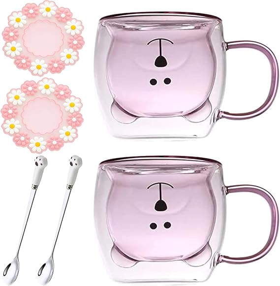 Arawat Cute Double-Walled Coffee Glasses Set of 2 Bears Coffee Cup with Spoon &amp; Coaster Bear Coffee Mug 250 ml Pink Tea Cups Cute Christmas Cup Tea Cup Birthday Christmas Mug Gift