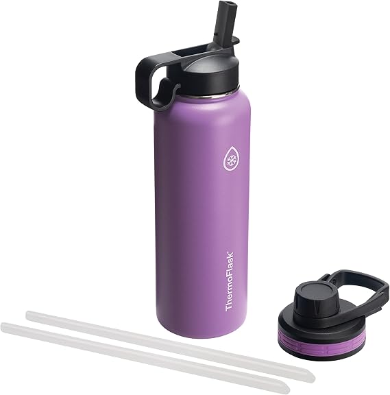 Thermoflask Double Stainless Steel Insulated Water Bottle with Two Lids, 40 oz, Plum