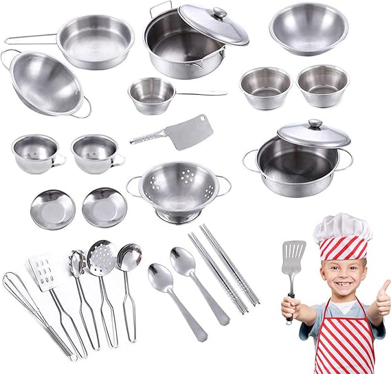 25Pcs Kids Play Kitchen Accessories Kitchen Pretend Toy Set, Stainless Steel Cookware Cooking Utensils Pan Toys Set Educational Toys for Kids Toddlers Christmas Birthday or Everyday Gifts