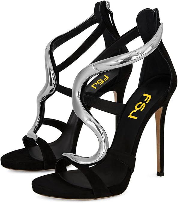 FSJ Women Stiletto High Heels Ankle Strap Sandals Flower Silver Metal Chain Open Toe Zipper Fashion Shoes