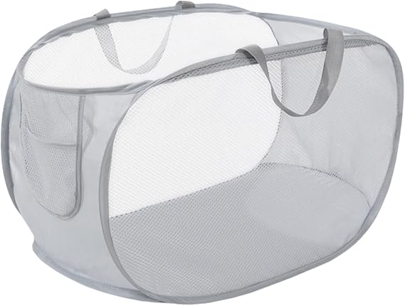 Durable Collapsible Laundry Baskets, Mesh P-op Up Laundry Hamper with Handy Pocket, Foldable Clothes Hamper with Reinforced Carry Handles for Laundry, Bathroom, Kids Room or Travel (Grey)﻿