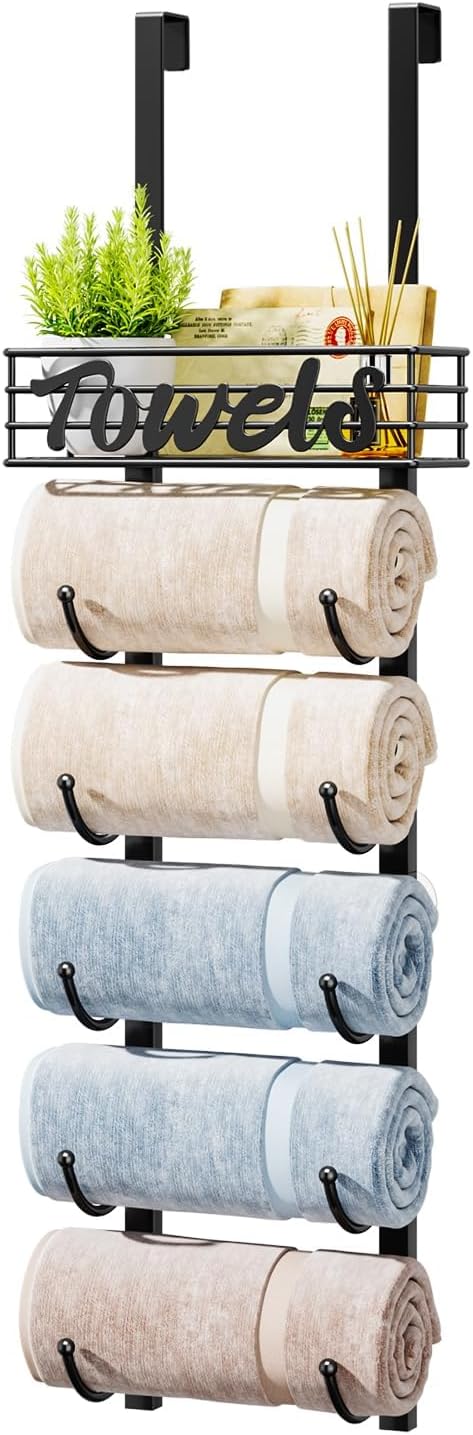 HapiRm Over Door Towel Rack - 6 Tier Over Door & Wall Mount Towel Storage | Towel Rack Wall Mounted with Metal Shelf Basket & Holds 5 Rolled Towels for Small Bathroom, Camper, Rv - Black, Patented