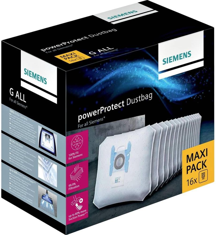 Siemens Powerprotect Vacuum Cleaner Bag Vz16Gall 16 Pieces, Locking, Efficient Motor Protection, 50% Longer Usage Time, All Production Series Except Vs08, Vs01 [Energy Class B]