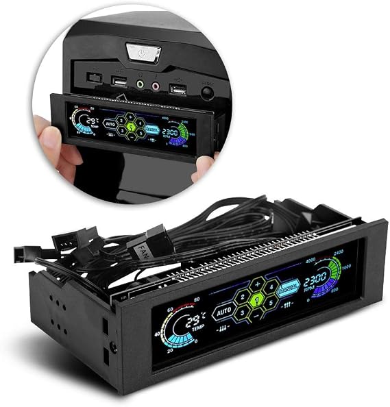 Front LCD Panel for 5 Fans Speed Controller, CPU Temperature Sensor, Computer Cooling, Drive Bay, AUTO/Manual Mode Switch