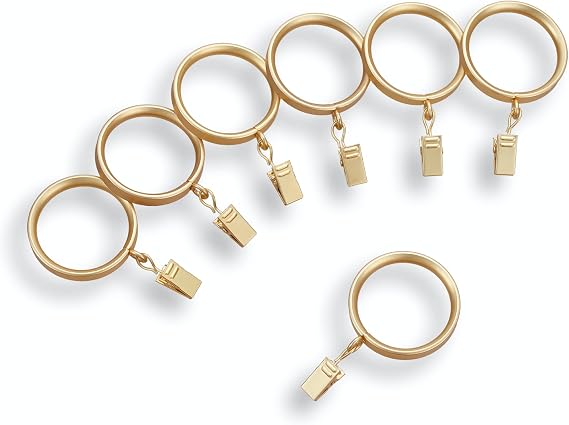 MODE Premium Collection Flat Steel Curtain Clip Rings, Set of 14 Curtain Rings with Clips, Rings with Clips for Curtains, Fits MODE Premium and Acrylic Curtain Rods, 1 5/8, Brushed Gold