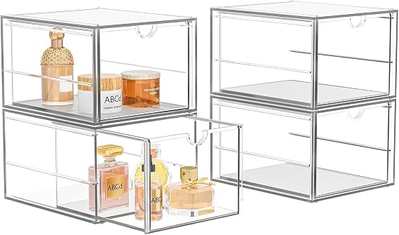 4 Pack Stackable Storage Drawers, Acrylic Cosmetic Drawer, Clear Desk Accessories, Latest Model Dustproof Drawer Storage for Dresser, Bathroom
