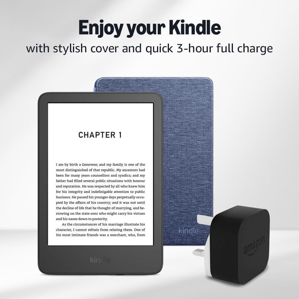 Kindle (2024 Release) 16 GB with ads, an Amazon Fabric Cover and an Amazon Powerfast 9W Power Adapter