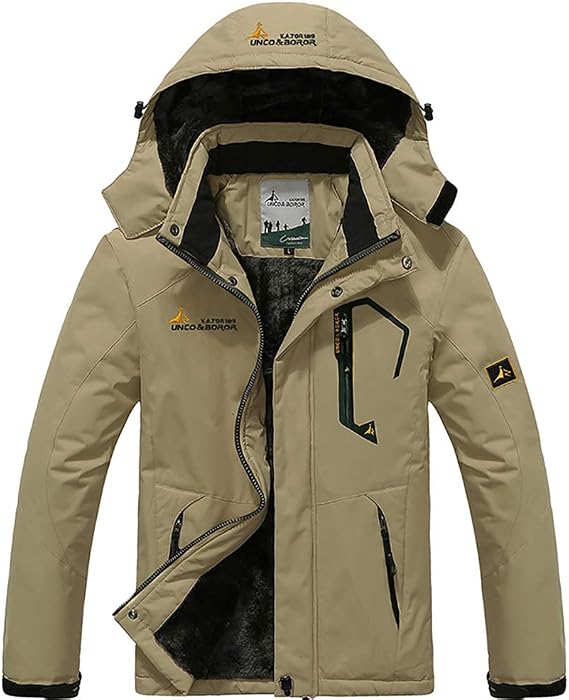Men's Winter Jacket Waterproof Windbreak Ski Jacket Faux Fur Lining Rain Jacket Khaki