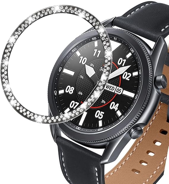 DEALELE Bezel Cover Compatible with Samsung Galaxy Watch Ultra 47mm (2025/2024) / 3 45mm, Bling Rhinestone Stainless Steel Metal Bezel Ring Adhesive Cover Anti Scratch Protector Accessory, Black