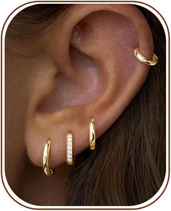 Small Gold Huggie Hoop Earrings Set for Women Men Hypoallergenic 14K Plated Stack Cartilage Earrings, Sterling Silver Multiple Piercing Lightweight Mini Thin Cute Dainty Trendy Jewelry Gifts for Women