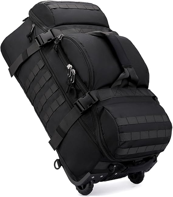 70L Wheeled Duffel Backpack Rolling Travel Bag Water Resistant Holdall with Hidden Straps Heavy Duty Foldable Sports Duffel Bag for Overnight Camping Beach Business Trip Storage (Black)