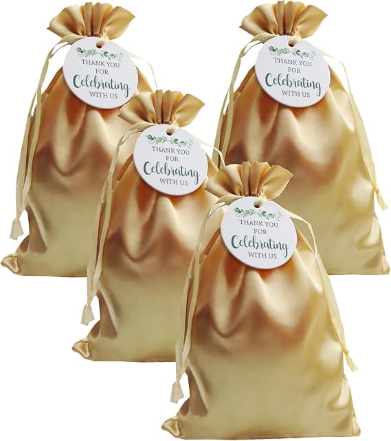 GUFIER 30 PCS Golden Drawstring Gift Bags with Thank You Tags, 6x9" Satin Bags, Silk Jewelry Pouches - Perfect for Birthday, Wedding, Baby Shower Party Favors