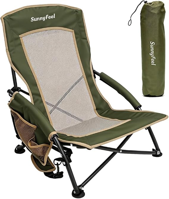 SUNNYFEEL Low Folding Beach Chair for Adults, Portable Lightweight Sling Beach Camping Chairs with Cup Holder, Armrest,Foldable Camp Lawn Chair for Outdoor Sand Concert Travel Sport Events,300LBS