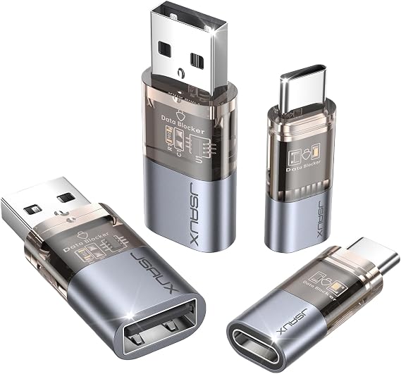 JSAUX USB Data Blocker & USB C Data Blocker, Charge-Only, 4-Pack, Grey | Data Blocker for Public Charging, Juice Jacking Protection, Travel-Ready