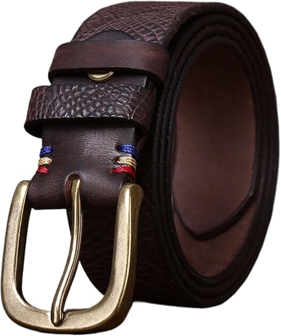 Embossed Belt Men with Handmade Brass Buckle, Engraved Crocodile Pattern Belts for Men Jeans, Adjustable Casual Strap