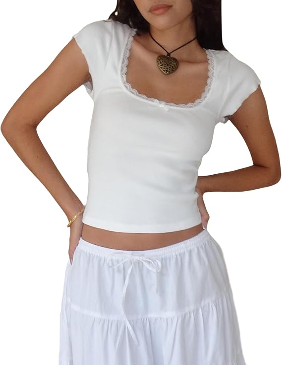 FULA-bao Women's Lace Trim T Shirts Y2K Ribbed Square Neck Short Sleeve Tee Shirts Going Out Tops Slim Fit Basics Tees (White, S), Small