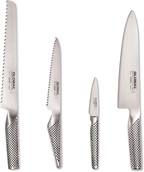 Global 4 Piece Knife Set (G-2 Chef, G-9 Bread, GS-14 - Serrated Utility, GSF-46 Forged Paring) - Lightweight Japanese Stainless Steel, Razor-Sharp Edge, Made in Japan, G-291446