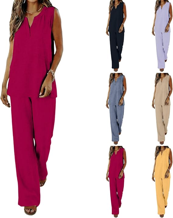 Linen Sets For Women 2 Piece Sleeveless Tops & Wide Leg Pants Lounge Sets Summer Vacation Travel Outfits