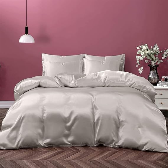 Silk Satin Bed Linen Set, Twin, Deep Pocket, Ivory, 4pcs Including Fitted Sheet & Duvet Cover