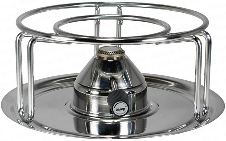 Kisag Rechaud Classic Silver Diameter 19.5 x 10 cm with Safety Gas Burner 1 kW Warmer Stainless Steel 18/10 for Fondue Flame Freely Adjustable Easy to Clean Swiss Design Food Warmer