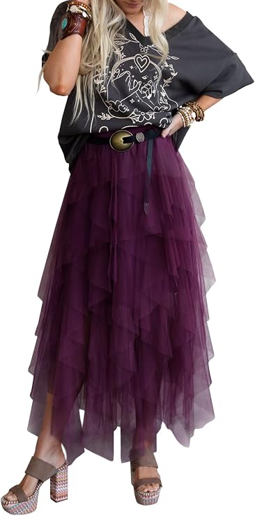 miduo Womens Fashion Casual High Waist Elastic Waist Tutu Ruffle Tiered Tulle Midi Skirts A Line Skirts