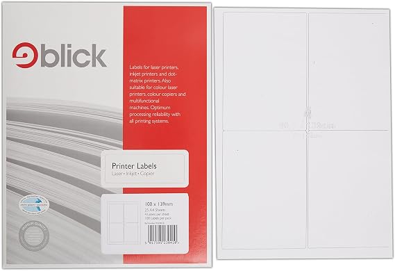 Blick Labels, White, 4 Per Sheet 25 Sheets, Rectangular, 100mm x 139mm, 100 Labels, For Home, Office, Family, School