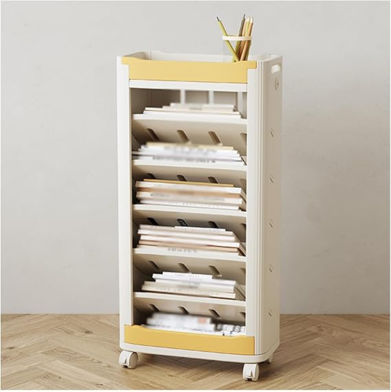 Cubic Bookshelf, Simple Mobile Bookshelf, Multi-Layer Table with Wheels, Study Storage Cabinet, Free-Standing Open Bookshelf (Milky White,Light Yellow)(Light Yellow)