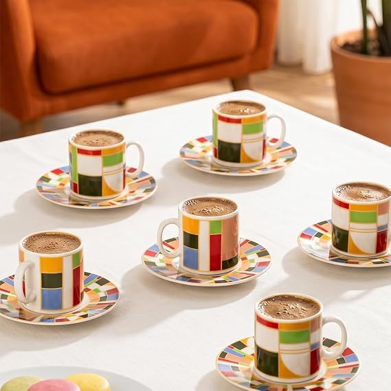 Porsima 0641 12 Parça Porselen Türk Kahve Fincan Takımı - Karışık Renkli Kahve Fincan Seti - 90ml