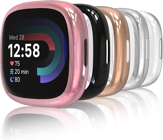 Hianjoo 5-PCS Screen Protectors Compatible with Fitbit Versa 4 / Sense 2 (2022), Slim TPU Plated Full Coverage Screen Bumper Cover Case Replacement for Fitbit Versa 4 / Sense 2