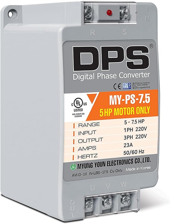DPS Single-Phase to 3-Phase Converter, My-PS-7.5 Model Must Be Only Used on 5HP(3.7kW) 15 Amps 200-240V 3-Phase Motor, One Must Be Used on One Motor Only, Input/Output 200V-240V, Digital Type | For 5HP(3.7kW) 15A Motor, Input/Output 200-240V, UL-Listed, 1 DPS per 1 Motor Only, Easy Set Up, Digital Phase Shifter