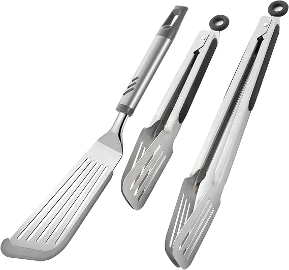 Slotted Fish Spatula with Silicone Top Soft Edge for Non-Stick Pan, Set of 2 Stainless Steel Spatula Tongs for Cooking and Grilling