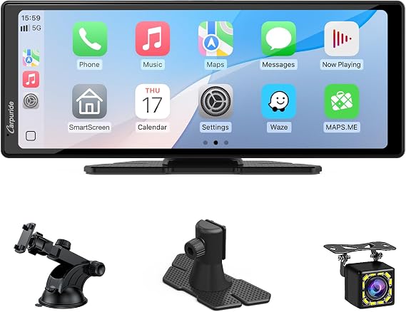 Portable Carplay Screen, Carpuride V92R Wireless Carplay & Android Auto, 10.26 Inch 1080P HD Touch Screen Radio with Real 720P Backup Camera/BT 5.0/Mirror Link Support Truck RV Dash Mount