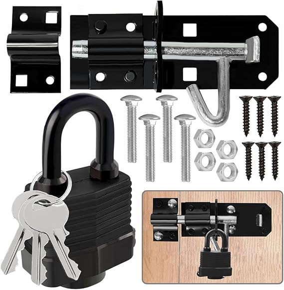 Door Lock Gate Bolt＆Door Latch Hasp,Stainless Steel Sliding Bolt and Heavy Duty Door Lock, Padlock Shed Locks with Burglar Proof Screws for Wooden Gates Garden Gate